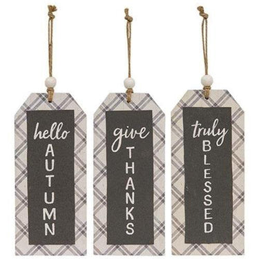 Fall Plaid Beaded Wood Tag 3 Asstd - The Fox Decor
